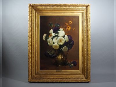 Dominique Hubert ROZIER (1840–1901). Nature morte aux asters dans un pichet en bronze