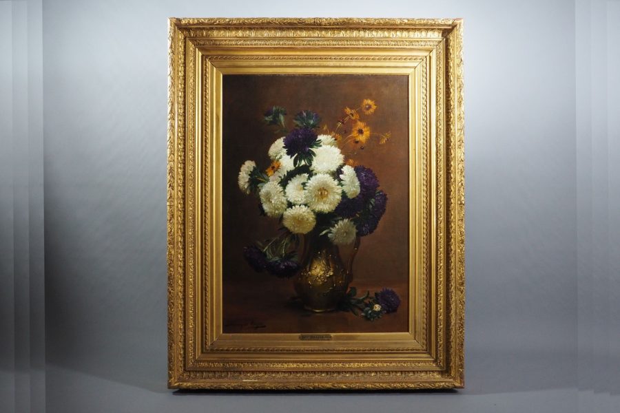 Dominique Hubert ROZIER (1840–1901). Nature morte aux asters dans un pichet en bronze