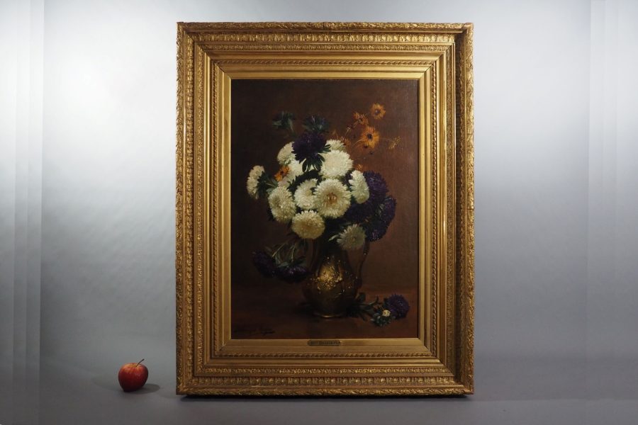 Dominique Hubert ROZIER (1840–1901). Nature morte aux asters dans un pichet en bronze