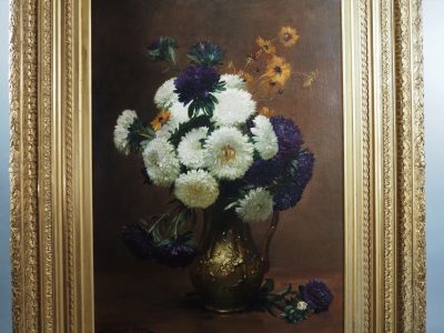 Dominique Hubert ROZIER (1840–1901). Nature morte aux asters dans un pichet en bronze