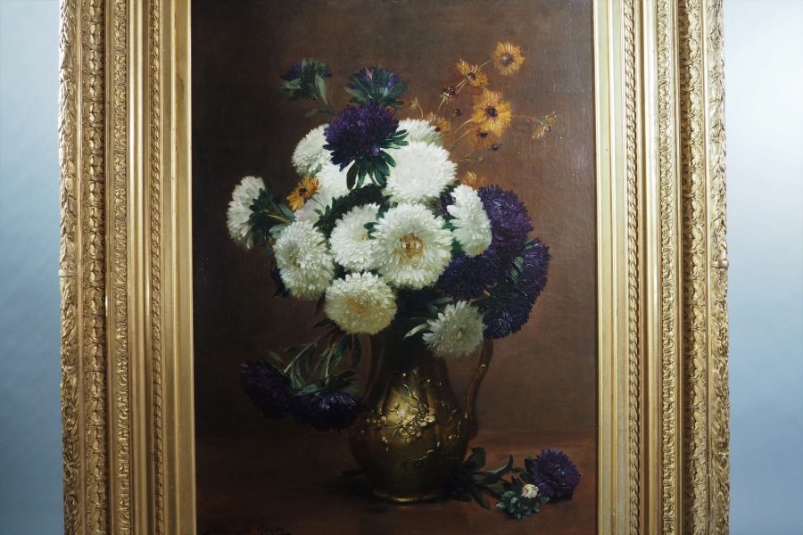 Dominique Hubert ROZIER (1840–1901). Nature morte aux asters dans un pichet en bronze