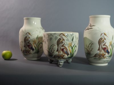 Garniture de cheminée « Hérons » – faïence Keller & Guérin Lunéville