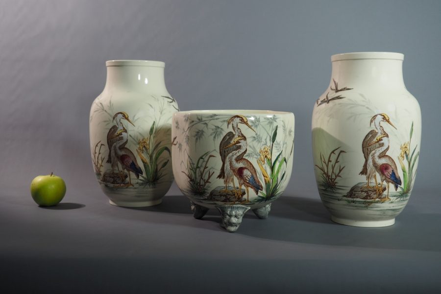 Garniture de cheminée « Hérons » – faïence Keller & Guérin Lunéville
