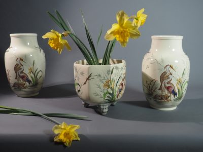 Garniture de cheminée « Hérons » – faïence Keller & Guérin Lunéville