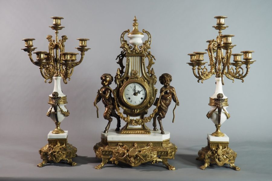 Large mantelpiece set - clock and candelabra, Italy - Antik-France