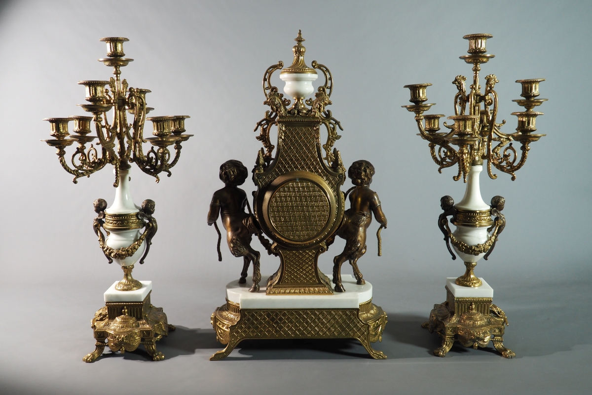 Large mantelpiece set - clock and candelabra, Italy - Antik-France