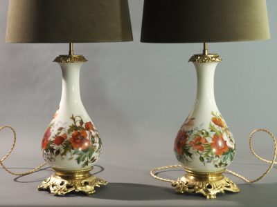 Paire de lampes opaline peinte XIXe siècle, anciennement lampes à huile