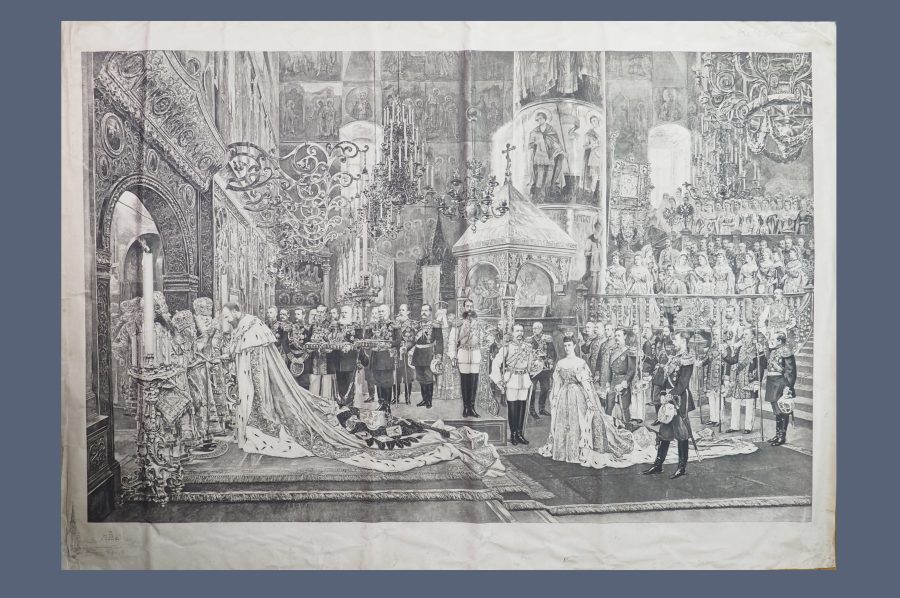 Estampe ancienne «Couronnement de l’empereur Alexandre III et de l’impératrice Maria Feodorovna»