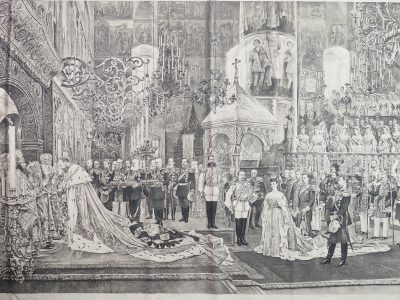 Estampe ancienne «Couronnement de l’empereur Alexandre III et de l’impératrice Maria Feodorovna»