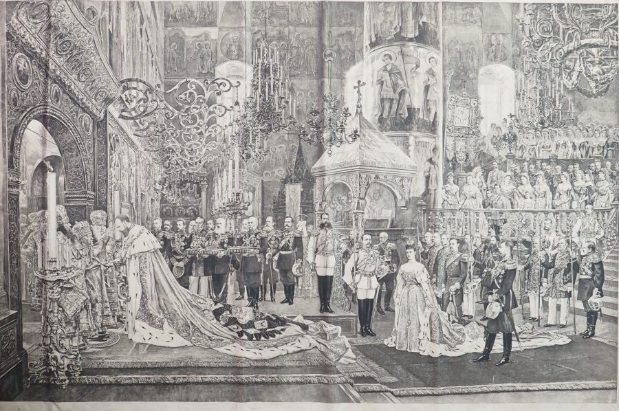 5073_2 Estampe ancienne «Couronnement de l’empereur Alexandre III et de l’impératrice Maria Feodorovna»
