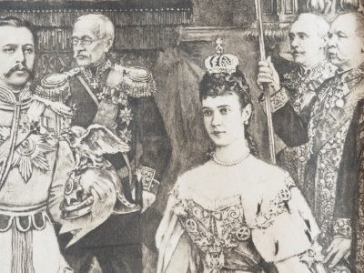 Estampe ancienne «Couronnement de l’empereur Alexandre III et de l’impératrice Maria Feodorovna»
