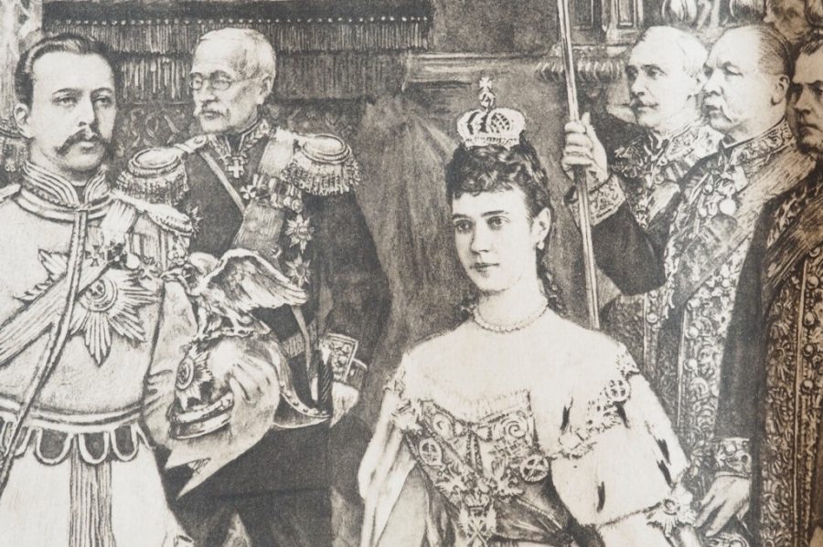 Estampe ancienne «Couronnement de l’empereur Alexandre III et de l’impératrice Maria Feodorovna»