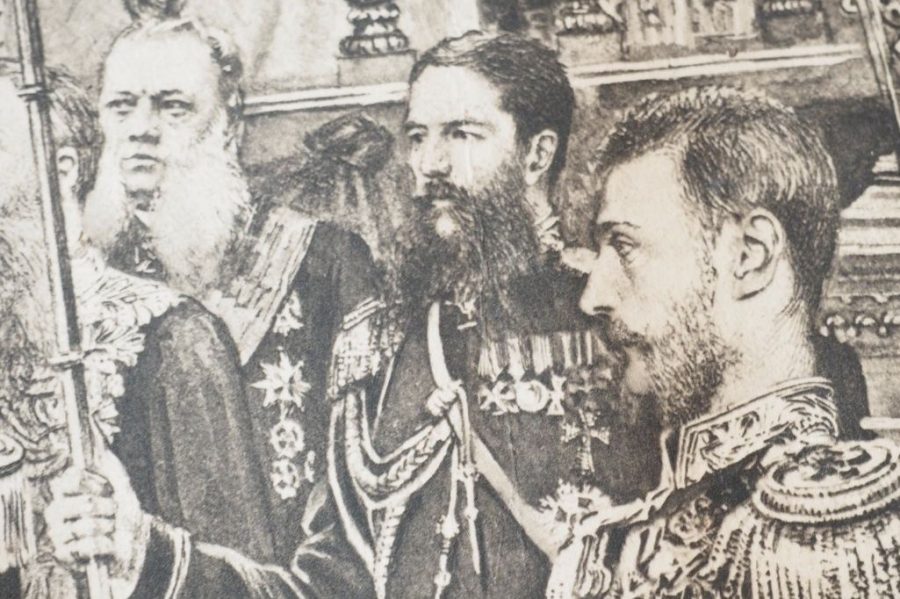 Estampe ancienne «Couronnement de l’empereur Alexandre III et de l’impératrice Maria Feodorovna»